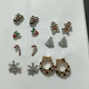 Set of 7 Pairs of Christmas Holiday Earrings - Reindeer, Mistletoe, Candy Cane